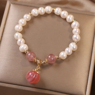 Buddha Gift Natural Pearl Strawberry Quartz Peach Love Heart Wisdom Charm Bracelet