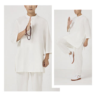 Buddha Gift 2Pcs Buttons Men's Three Quarter Sleeve Shirt Top Pants Meditation Zen Tai Chi Cotton Linen Clothing Set