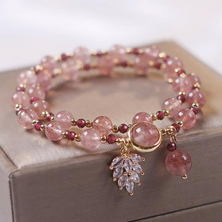 Buddha Gift Natural Strawberry Quartz Love Healing Maple Leaf Charm Double Wrap Bracelet