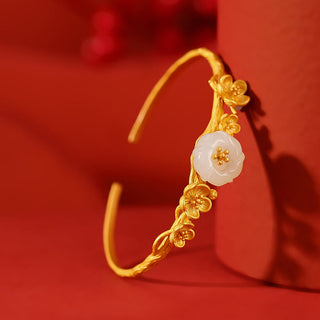 Buddha Gift 925 Sterling Silver Plated Gold Hetian Jade  Plum Blossom Luck Necklace Pendant Bracelet Bangle Ring