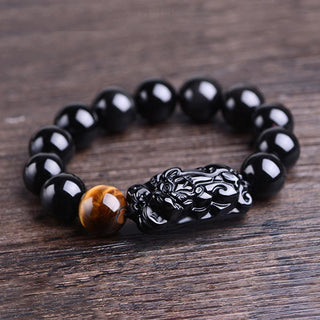 Buddha Gift Natural Black Obsidian PiXiu Tiger's Eye Strength Bracelet
