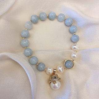 Buddha Gift Aquamarine Pearl Peace Healing Lucky Cat Charm Bracelet