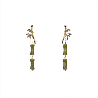 Buddha Gift 925 Sterling Silver Posts Copper Plated Gold Natural Peridot Bamboo Leaf Drop Earrings