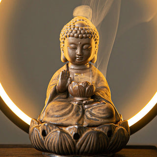 Buddha Gift Buddha Lotus Backflow Smoke Fountain Ceramic Blessing Incense Burner With Light Decoration
