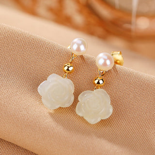 Buddha Gift 925 Sterling Silver Plated Gold Jade Rose Flower Cyan Jade Pearl Luck Earrings