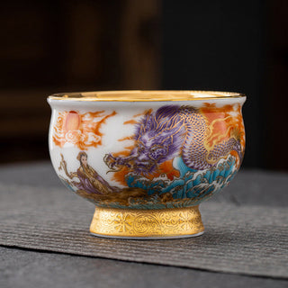 Buddha Gift Golden Eagle Auspicious Dragon Sun Ocean Waves Gilt Ceramic Teacup Kung Fu Tea Cup