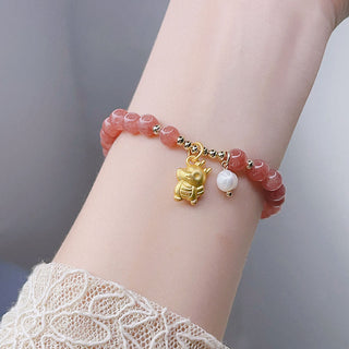 Buddha Gift Year of the Dragon Strawberry Quartz Dragon Pearl Charm Protection Bracelet