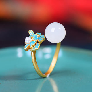 Buddha Gift White Jade 925 Sterling Silver Pearl Flower Blessing Necklace Pendant Ring Earrings