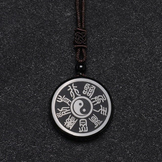 Buddha Gift Black Obsidian Taoism Five Sacred Mountains Nine-Character Mantra Carved Purification Yin Yang Necklace Pendant