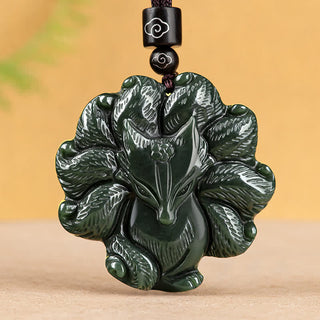 Buddha Gift Hetian Cyan Jade Nine Tailed Fox Luck Necklace String Pendant