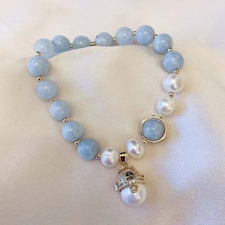 Buddha Gift Aquamarine Pearl Peace Healing Lucky Cat Charm Bracelet