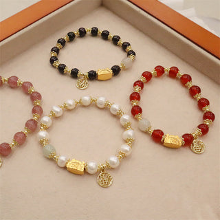 Buddha Gift Year Of The Dragon Red Agate Strawberry Quartz Black Obsidian Jade Garnet Pearl Cinnabar Dumpling Dragon Luck Fu Character Bracelet