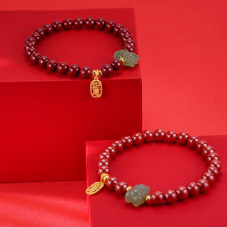 Buddha Gift 925 Sterling Silver Year of the Dragon Natural Cinnabar Hetian Jade Dragon Fu Character Ruyi As One Wishes Charm Blessing Bracelet