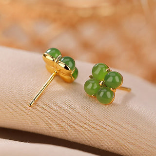 Buddha Gift 925 Sterling Silver Plated Gold Natural Cyan Jade Four Leaf Clover Luck Stud Earrings