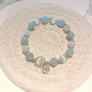 Buddha Gift 925 Sterling Silver Cat's Eye Aquamarine Support Charm Bracelet