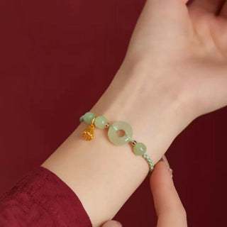 Buddha Gift Round Peace Buckle Jade Lotus Happiness Abundance Wealth String Bracelet