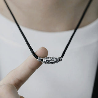 Buddha Gift 999 Sterling Silver Nine-Eye Dzi Bead Pattern Protection Rope Necklace Pendant