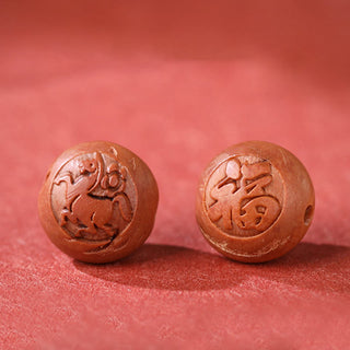Buddha Gift Natural Peach Wood Chinese Zodiac Fu Character Carved Cinnabar Wealth Bracelet