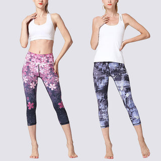 Buddha Gift Cherry Blossoms Sakura Lines Print Sports Yoga Cropped Leggings Women's Yoga Capri Pants