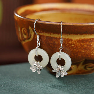 Buddha Gift 925 Sterling Silver Hetian Jade Peace Buckle Orchid Prosperity Earrings