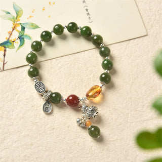 Buddha Gift 925 Sterling Silver Hetian Cyan Jade Gourd Amber Success Bracelet