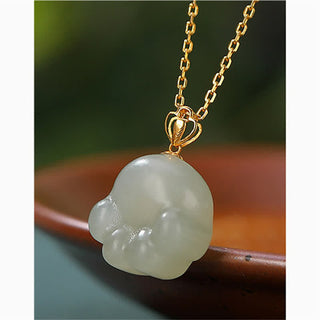 Buddha Gift 925 Sterling Silver Hetian White Jade Cute Cat Paw Luck Necklace Pendant