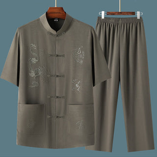 Buddha Gift Tang Suit Hanfu Chinese Dragon Traditional Kung Fu Uniform Short Sleeve Tops and Pants Clothing Men's Set