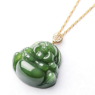Buddha Gift 925 Sterling Silver Laughing Buddha Hetian Cyan Jade 18K Gold Success Necklace Chain Pendant