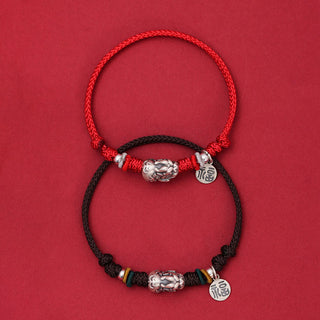Buddha Gift 925 Sterling Silver PiXiu Fu Character Wealth Luck Handmade Braided Bracelet