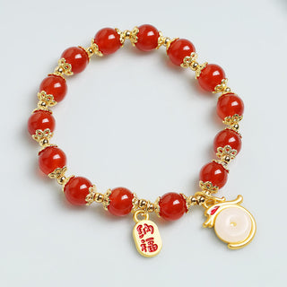 Buddha Gift Year of the Dragon Red Agate Green Aventurine Peace Buckle Fu Character Lucky Fortune Bracelet
