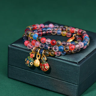 Buddha Gift Colorful Candy Agate Gold Swallowing Beast Family Strength Charm Triple Wrap Bracelet