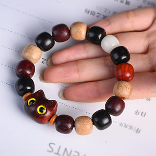 Buddha Gift Small Leaf Red Sandalwood Ebony Wood Cute Cat Engraved Protection Bracelet
