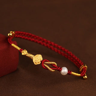 Buddha Gift 24K Gold Wish Ruyi Handle Fu Character Rabbit Pearl Luck Braided Bracelet