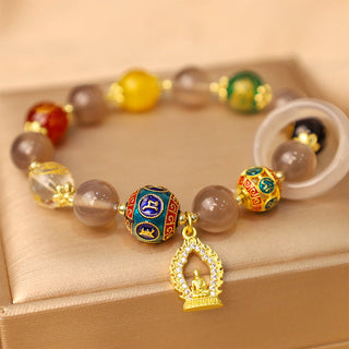 Buddha Gift Natural Gray Agate Five Directions Gods of Wealth Om Mani Padme Hum Buddha Charm Bracelet