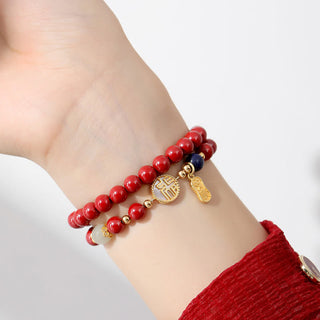 Buddha Gift 925 Sterling Silver Cinnabar Tridacna Stone Fu Character Double Wrap Blessing Bracelet