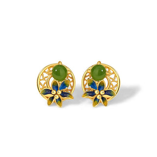 Buddha Gift 925 Sterling Silver Natural Hetian Cyan Jade Flower Luck Necklace Pendant Ring Earrings Set