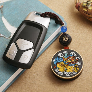 Buddha Gift PiXiu Copper Coin Ebony Wood Luck Attract Wealth Key Chain Decoration