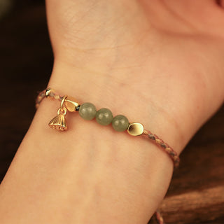Buddha Gift Handcrafted Hetian Jade Lotus Charm Luck Braided Bracelet