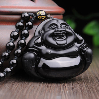 Buddha Gift Laughing Buddha Black Obsidian Transformation Pendant Necklace