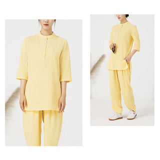 Buddha Gift 2Pcs Buttons Three Quarter Sleeve Shirt Top Pants Meditation Zen Tai Chi Cotton Linen Clothing Women's Set