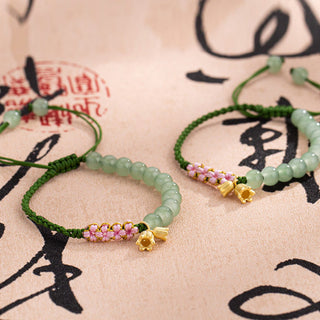 Buddha Gift Handmade Jade Bead Lily of the Valley Charm Luck Braided Bracelet
