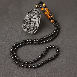 Buddha Gift Black Obsidian Tiger Eye Dragon Phoenix Protection Beaded Necklace Pendant