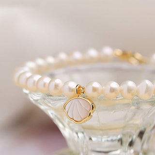 Buddha Gift 14K Gold Plated Natural Pearl Crystal Shell Charm Bead Bracelet
