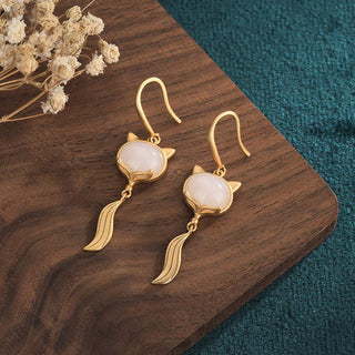Buddha Gift FengShui White Jade Fox Fortune Earrings