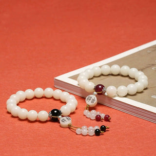 Buddha Gift Bodhi Seed Red Agate Black Obsidian Pink Crystal Rutilated Quartz Peace Wrist Mala Bracelet