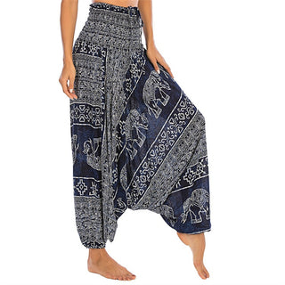 Buddha Gift Two Style Wear Elephant Pattern Loose Smocked Harem Trousers Jumpsuit Women's Yoga Pants