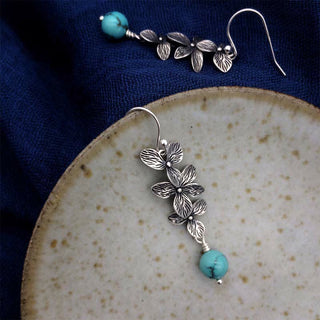 Buddha Gift 925 Sterling Silver Turquoise Lazurite Flower Leaf Serenity Protection Hook Drop Dangle Earrings