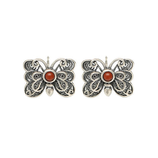 Buddha Gift 925 Sterling Silver Red Agate Butterfly Self-acceptance Ring Earrings Set