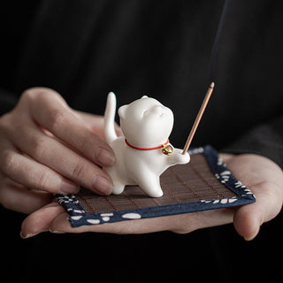 Buddha Gift Mini Lucky Cat Kitten Tea Pet Ceramic Home Desk Figurine Decoration With Bamboo Mat
