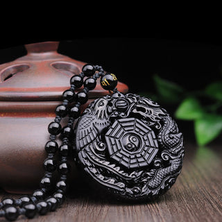 Buddha Gift Bagua Dragon Phoenix Obsidian Fulfilment Pendant Necklace